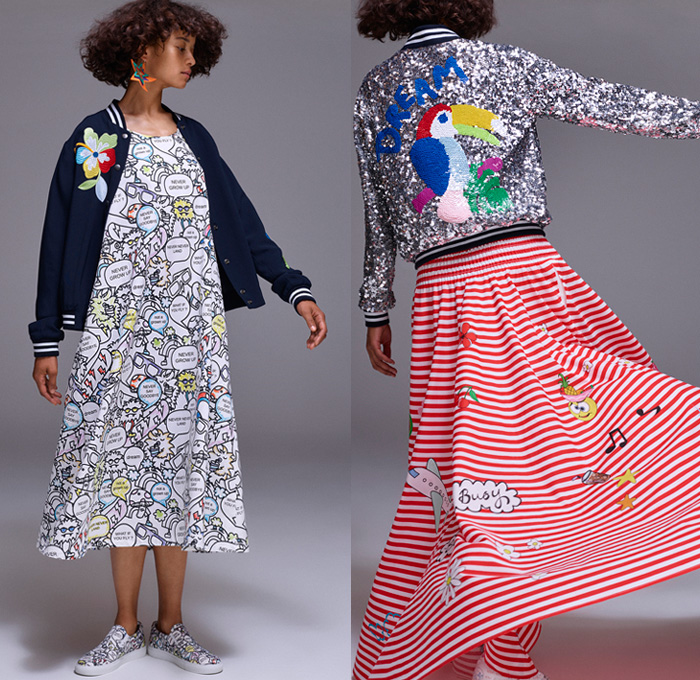 Mira Mikati 2017 Spring Summer Womens Lookbook Presentation - Mode à Paris Fashion Week Mode Féminin France - Denim Jeans Cutoffs Shorts Pop Art Beach Drawings Doodles Cartoon Parrot Toucan Fruits Flowers Floral Daisies Leaves Foliage Stars Bedazzled Sequins Pearls Silk Satin Trench Coat Sleepwear Pajamas Lounge Stripes Robe Motorcycle Biker Leather Bomber Jacket Cutout Wide Leg Trousers Palazzo Pants Strapless Knit Crochet Swimwear Bikini