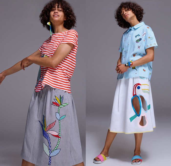 Mira Mikati 2017 Spring Summer Womens Lookbook Presentation - Mode à Paris Fashion Week Mode Féminin France - Denim Jeans Cutoffs Shorts Pop Art Beach Drawings Doodles Cartoon Parrot Toucan Fruits Flowers Floral Daisies Leaves Foliage Stars Bedazzled Sequins Pearls Silk Satin Trench Coat Sleepwear Pajamas Lounge Stripes Robe Motorcycle Biker Leather Bomber Jacket Cutout Wide Leg Trousers Palazzo Pants Strapless Knit Crochet Swimwear Bikini