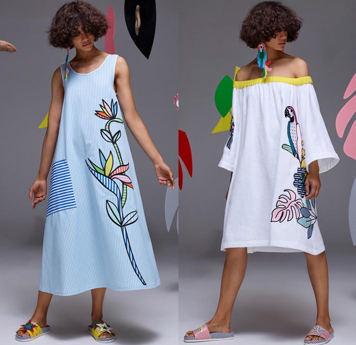 Mira Mikati 2017 Spring Summer Womens Lookbook Presentation - Mode à Paris Fashion Week Mode Féminin France - Denim Jeans Cutoffs Shorts Pop Art Beach Drawings Doodles Cartoon Parrot Toucan Fruits Flowers Floral Daisies Leaves Foliage Stars Bedazzled Sequins Pearls Silk Satin Trench Coat Sleepwear Pajamas Lounge Stripes Robe Motorcycle Biker Leather Bomber Jacket Cutout Wide Leg Trousers Palazzo Pants Strapless Knit Crochet Swimwear Bikini