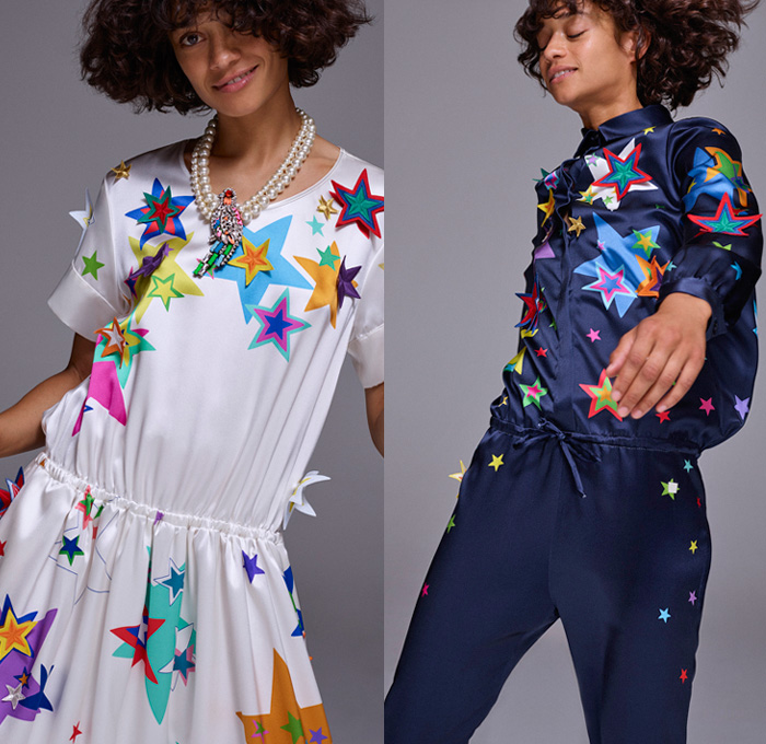 Mira Mikati 2017 Spring Summer Womens Lookbook Presentation - Mode à Paris Fashion Week Mode Féminin France - Denim Jeans Cutoffs Shorts Pop Art Beach Drawings Doodles Cartoon Parrot Toucan Fruits Flowers Floral Daisies Leaves Foliage Stars Bedazzled Sequins Pearls Silk Satin Trench Coat Sleepwear Pajamas Lounge Stripes Robe Motorcycle Biker Leather Bomber Jacket Cutout Wide Leg Trousers Palazzo Pants Strapless Knit Crochet Swimwear Bikini