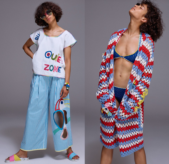 Mira Mikati 2017 Spring Summer Womens Lookbook Presentation - Mode à Paris Fashion Week Mode Féminin France - Denim Jeans Cutoffs Shorts Pop Art Beach Drawings Doodles Cartoon Parrot Toucan Fruits Flowers Floral Daisies Leaves Foliage Stars Bedazzled Sequins Pearls Silk Satin Trench Coat Sleepwear Pajamas Lounge Stripes Robe Motorcycle Biker Leather Bomber Jacket Cutout Wide Leg Trousers Palazzo Pants Strapless Knit Crochet Swimwear Bikini