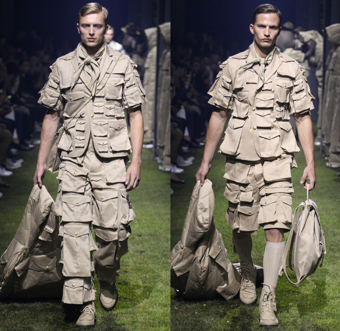 Moncler Gamme Bleu 2017 Spring Summer Mens Runway Catwalk Looks - Milano Moda Uomo Collezione Milan Fashion Week Italy - Picnic Camping Outdoors Jungle Safari Utilitarian Extreme Khaki Plaid Tartan Check Cargo Pockets Outerwear Coat Furry Shaggy Plush Quilted Puffer Boy Scout Knee High Socks Shorts Baggy Loose Slouchy Hanging Sleeve Bag Backpack Satchel