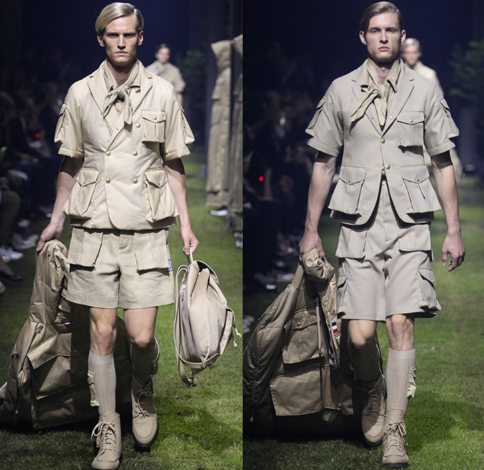 Moncler Gamme Bleu 2017 Spring Summer Mens Runway Catwalk Looks - Milano Moda Uomo Collezione Milan Fashion Week Italy - Picnic Camping Outdoors Jungle Safari Utilitarian Extreme Khaki Plaid Tartan Check Cargo Pockets Outerwear Coat Furry Shaggy Plush Quilted Puffer Boy Scout Knee High Socks Shorts Baggy Loose Slouchy Hanging Sleeve Bag Backpack Satchel