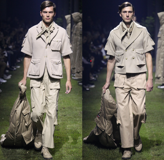 Moncler Gamme Bleu 2017 Spring Summer Mens Runway Catwalk Looks - Milano Moda Uomo Collezione Milan Fashion Week Italy - Picnic Camping Outdoors Jungle Safari Utilitarian Extreme Khaki Plaid Tartan Check Cargo Pockets Outerwear Coat Furry Shaggy Plush Quilted Puffer Boy Scout Knee High Socks Shorts Baggy Loose Slouchy Hanging Sleeve Bag Backpack Satchel