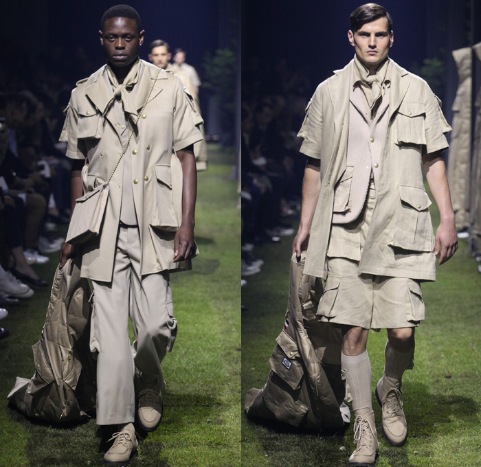 Moncler Gamme Bleu 2017 Spring Summer Mens Runway Catwalk Looks - Milano Moda Uomo Collezione Milan Fashion Week Italy - Picnic Camping Outdoors Jungle Safari Utilitarian Extreme Khaki Plaid Tartan Check Cargo Pockets Outerwear Coat Furry Shaggy Plush Quilted Puffer Boy Scout Knee High Socks Shorts Baggy Loose Slouchy Hanging Sleeve Bag Backpack Satchel