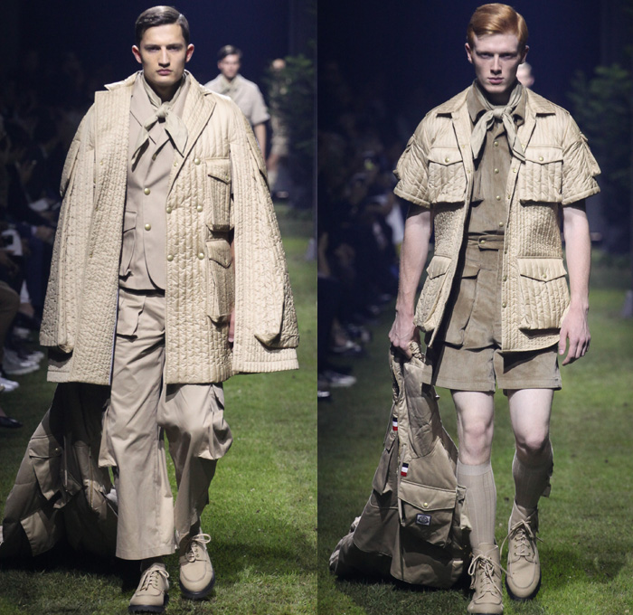 Moncler Gamme Bleu 2017 Spring Summer Mens Runway Catwalk Looks - Milano Moda Uomo Collezione Milan Fashion Week Italy - Picnic Camping Outdoors Jungle Safari Utilitarian Extreme Khaki Plaid Tartan Check Cargo Pockets Outerwear Coat Furry Shaggy Plush Quilted Puffer Boy Scout Knee High Socks Shorts Baggy Loose Slouchy Hanging Sleeve Bag Backpack Satchel