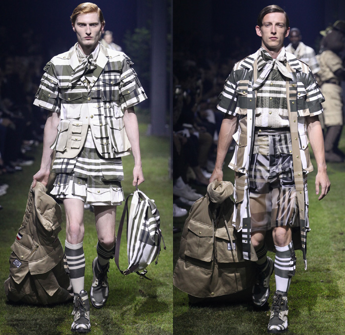 Moncler Gamme Bleu 2017 Spring Summer Mens Runway Catwalk Looks - Milano Moda Uomo Collezione Milan Fashion Week Italy - Picnic Camping Outdoors Jungle Safari Utilitarian Extreme Khaki Plaid Tartan Check Cargo Pockets Outerwear Coat Furry Shaggy Plush Quilted Puffer Boy Scout Knee High Socks Shorts Baggy Loose Slouchy Hanging Sleeve Bag Backpack Satchel