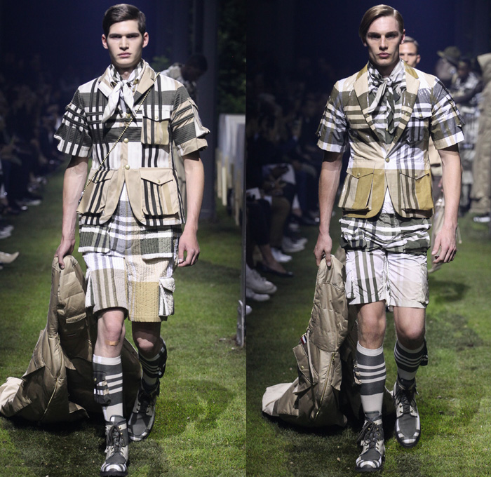 Moncler Gamme Bleu 2017 Spring Summer Mens Runway Catwalk Looks - Milano Moda Uomo Collezione Milan Fashion Week Italy - Picnic Camping Outdoors Jungle Safari Utilitarian Extreme Khaki Plaid Tartan Check Cargo Pockets Outerwear Coat Furry Shaggy Plush Quilted Puffer Boy Scout Knee High Socks Shorts Baggy Loose Slouchy Hanging Sleeve Bag Backpack Satchel