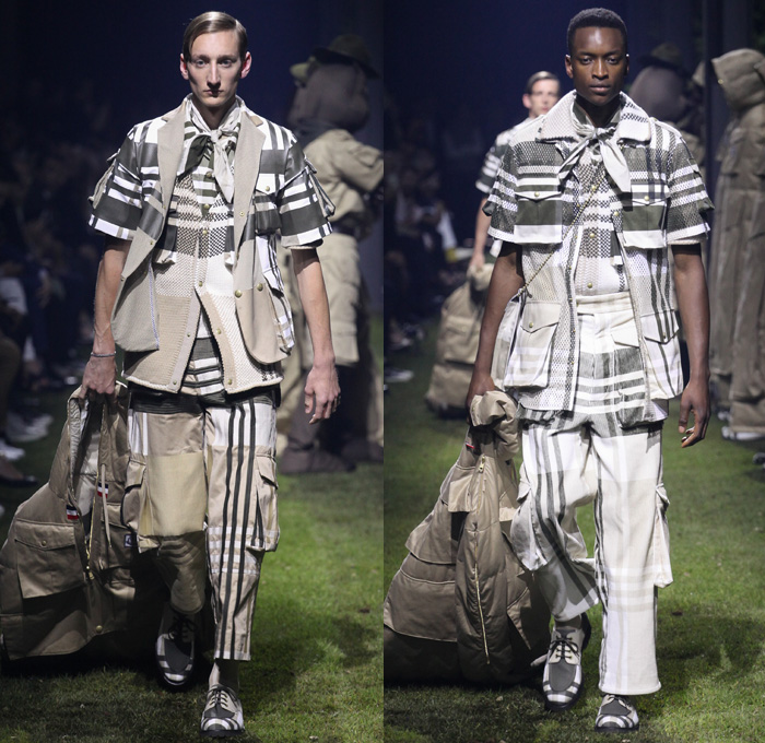 Moncler Gamme Bleu 2017 Spring Summer Mens Runway Catwalk Looks - Milano Moda Uomo Collezione Milan Fashion Week Italy - Picnic Camping Outdoors Jungle Safari Utilitarian Extreme Khaki Plaid Tartan Check Cargo Pockets Outerwear Coat Furry Shaggy Plush Quilted Puffer Boy Scout Knee High Socks Shorts Baggy Loose Slouchy Hanging Sleeve Bag Backpack Satchel