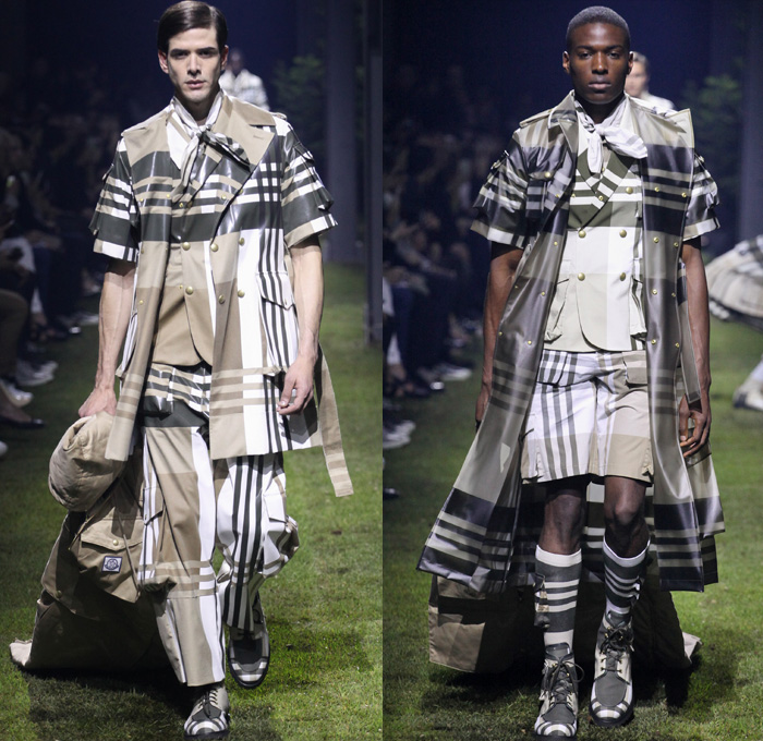 Moncler Gamme Bleu 2017 Spring Summer Mens Runway Catwalk Looks - Milano Moda Uomo Collezione Milan Fashion Week Italy - Picnic Camping Outdoors Jungle Safari Utilitarian Extreme Khaki Plaid Tartan Check Cargo Pockets Outerwear Coat Furry Shaggy Plush Quilted Puffer Boy Scout Knee High Socks Shorts Baggy Loose Slouchy Hanging Sleeve Bag Backpack Satchel