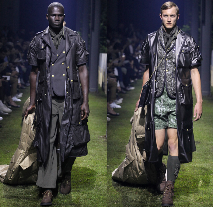 Moncler Gamme Bleu 2017 Spring Summer Mens Runway Catwalk Looks - Milano Moda Uomo Collezione Milan Fashion Week Italy - Picnic Camping Outdoors Jungle Safari Utilitarian Extreme Khaki Plaid Tartan Check Cargo Pockets Outerwear Coat Furry Shaggy Plush Quilted Puffer Boy Scout Knee High Socks Shorts Baggy Loose Slouchy Hanging Sleeve Bag Backpack Satchel