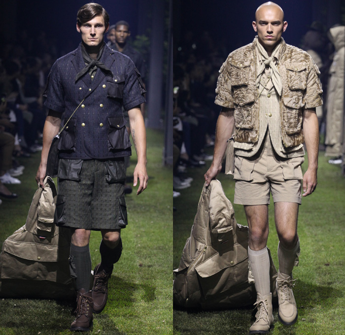 Moncler Gamme Bleu 2017 Spring Summer Mens Runway Catwalk Looks - Milano Moda Uomo Collezione Milan Fashion Week Italy - Picnic Camping Outdoors Jungle Safari Utilitarian Extreme Khaki Plaid Tartan Check Cargo Pockets Outerwear Coat Furry Shaggy Plush Quilted Puffer Boy Scout Knee High Socks Shorts Baggy Loose Slouchy Hanging Sleeve Bag Backpack Satchel