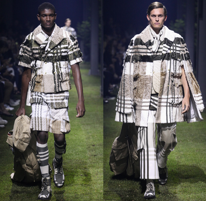 Moncler Gamme Bleu 2017 Spring Summer Mens Runway Catwalk Looks - Milano Moda Uomo Collezione Milan Fashion Week Italy - Picnic Camping Outdoors Jungle Safari Utilitarian Extreme Khaki Plaid Tartan Check Cargo Pockets Outerwear Coat Furry Shaggy Plush Quilted Puffer Boy Scout Knee High Socks Shorts Baggy Loose Slouchy Hanging Sleeve Bag Backpack Satchel