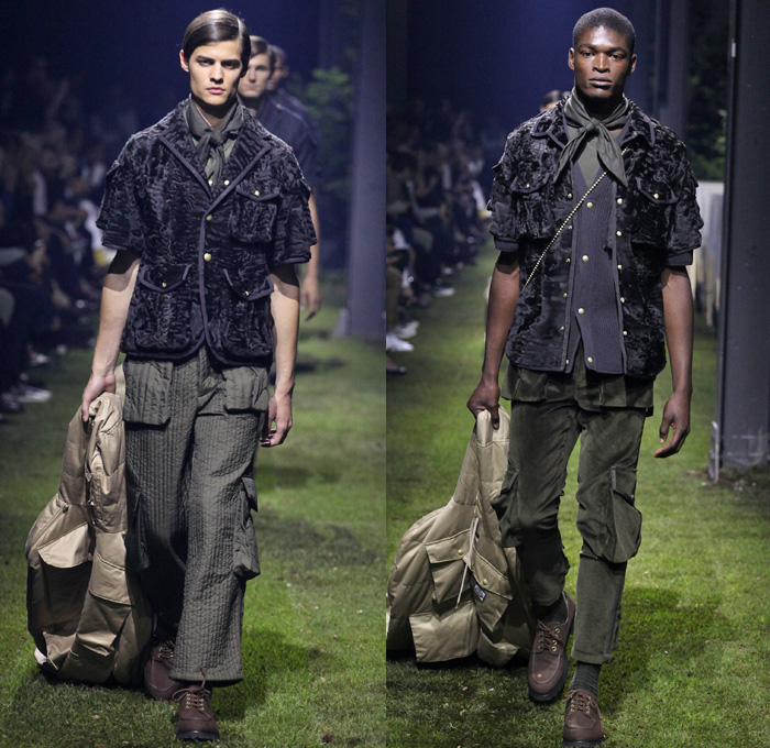 Moncler Gamme Bleu 2017 Spring Summer Mens Runway Catwalk Looks - Milano Moda Uomo Collezione Milan Fashion Week Italy - Picnic Camping Outdoors Jungle Safari Utilitarian Extreme Khaki Plaid Tartan Check Cargo Pockets Outerwear Coat Furry Shaggy Plush Quilted Puffer Boy Scout Knee High Socks Shorts Baggy Loose Slouchy Hanging Sleeve Bag Backpack Satchel