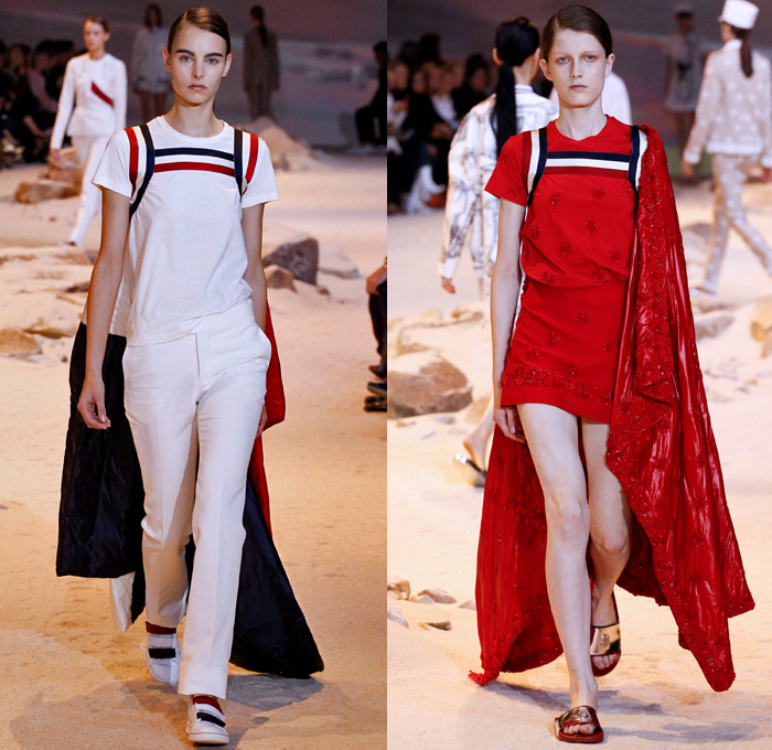 Moncler Gamme Rouge 2017 Spring Summer Womens Runway Catwalk Looks - Mode à Paris Fashion Week Mode Féminin France - French Foreign Legion Uniforms Military Officer 18th Century Architectural Plans Blueprints Shorts Buttons Dress Cape French Flag Colors Tri-Color Metallic Silver Quilted Waffle Drawstring Miniskirt Ornaments Embroidery Bedazzled Outerwear Coatdress Insect Beetle Gilet Bomber Jacket Leaves Foliage Macramé Lace Embroidery Ribbon Paisley Shirtdress Fanny Pack Waist Pouch Belt Bag Kepi Cap Harness Slippers Sneakers