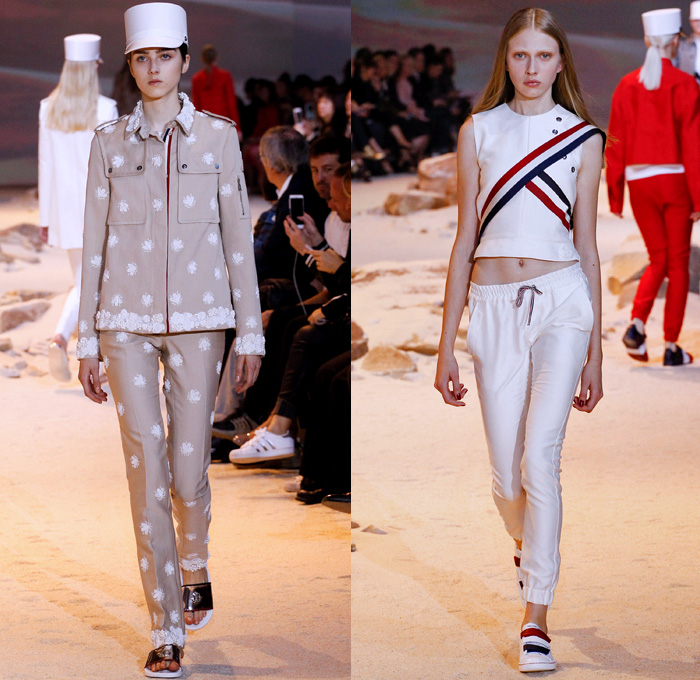 Moncler Gamme Rouge 2017 Spring Summer Womens Runway Catwalk Looks - Mode à Paris Fashion Week Mode Féminin France - French Foreign Legion Uniforms Military Officer 18th Century Architectural Plans Blueprints Shorts Buttons Dress Cape French Flag Colors Tri-Color Metallic Silver Quilted Waffle Drawstring Miniskirt Ornaments Embroidery Bedazzled Outerwear Coatdress Insect Beetle Gilet Bomber Jacket Leaves Foliage Macramé Lace Embroidery Ribbon Paisley Shirtdress Fanny Pack Waist Pouch Belt Bag Kepi Cap Harness Slippers Sneakers