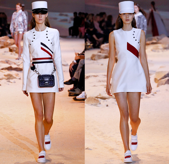 Moncler Gamme Rouge 2017 Spring Summer Womens Runway Catwalk Looks - Mode à Paris Fashion Week Mode Féminin France - French Foreign Legion Uniforms Military Officer 18th Century Architectural Plans Blueprints Shorts Buttons Dress Cape French Flag Colors Tri-Color Metallic Silver Quilted Waffle Drawstring Miniskirt Ornaments Embroidery Bedazzled Outerwear Coatdress Insect Beetle Gilet Bomber Jacket Leaves Foliage Macramé Lace Embroidery Ribbon Paisley Shirtdress Fanny Pack Waist Pouch Belt Bag Kepi Cap Harness Slippers Sneakers