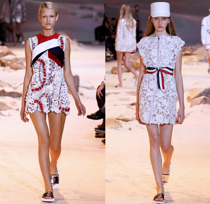 Moncler Gamme Rouge 2017 Spring Summer Womens Runway Catwalk Looks - Mode à Paris Fashion Week Mode Féminin France - French Foreign Legion Uniforms Military Officer 18th Century Architectural Plans Blueprints Shorts Buttons Dress Cape French Flag Colors Tri-Color Metallic Silver Quilted Waffle Drawstring Miniskirt Ornaments Embroidery Bedazzled Outerwear Coatdress Insect Beetle Gilet Bomber Jacket Leaves Foliage Macramé Lace Embroidery Ribbon Paisley Shirtdress Fanny Pack Waist Pouch Belt Bag Kepi Cap Harness Slippers Sneakers