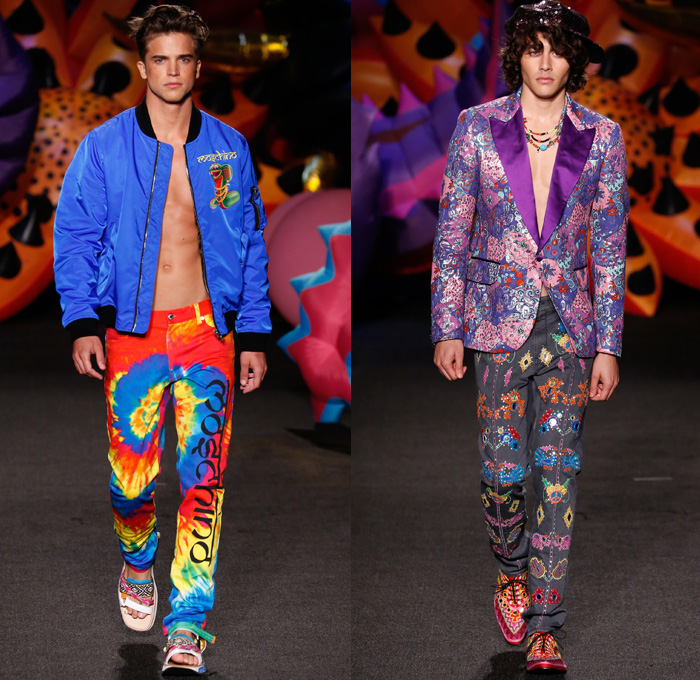 Moschino 2017 Spring Summer Mens Runway Catwalk Looks - Los Angeles California - 1960s Sixties Flowers Floral Pattern Motif Denim Jeans Sandals Bomber Tuxedo Moto Biker Leather Jacket Cobra Suit Satin Silk Blazer Embroidery Bedazzled Tiger Tote Bag Hat Slip-Ons Tuxedo Speedo Hoodie Crochet Weave Knitwear Backpack Psychedelic