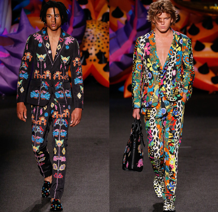 Moschino 2017 Spring Summer Mens Runway Catwalk Looks - Los Angeles California - 1960s Sixties Flowers Floral Pattern Motif Denim Jeans Sandals Bomber Tuxedo Moto Biker Leather Jacket Cobra Suit Satin Silk Blazer Embroidery Bedazzled Tiger Tote Bag Hat Slip-Ons Tuxedo Speedo Hoodie Crochet Weave Knitwear Backpack Psychedelic