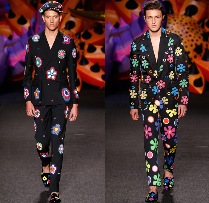 Moschino 2017 Spring Summer Mens Runway Catwalk Looks - Los Angeles California - 1960s Sixties Flowers Floral Pattern Motif Denim Jeans Sandals Bomber Tuxedo Moto Biker Leather Jacket Cobra Suit Satin Silk Blazer Embroidery Bedazzled Tiger Tote Bag Hat Slip-Ons Tuxedo Speedo Hoodie Crochet Weave Knitwear Backpack Psychedelic