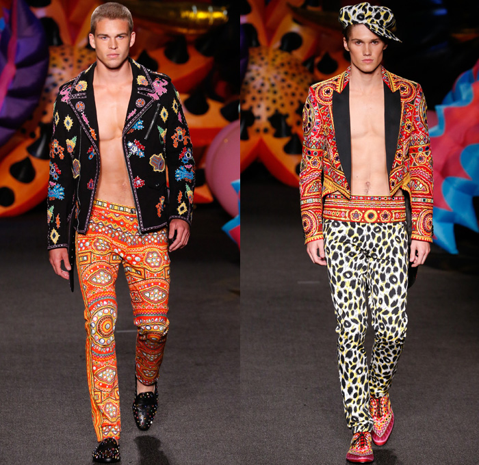 Moschino 2017 Spring Summer Mens Runway Catwalk Looks - Los Angeles California - 1960s Sixties Flowers Floral Pattern Motif Denim Jeans Sandals Bomber Tuxedo Moto Biker Leather Jacket Cobra Suit Satin Silk Blazer Embroidery Bedazzled Tiger Tote Bag Hat Slip-Ons Tuxedo Speedo Hoodie Crochet Weave Knitwear Backpack Psychedelic