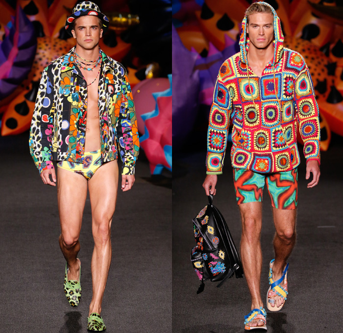 Moschino 2017 Spring Summer Mens Runway Catwalk Looks - Los Angeles California - 1960s Sixties Flowers Floral Pattern Motif Denim Jeans Sandals Bomber Tuxedo Moto Biker Leather Jacket Cobra Suit Satin Silk Blazer Embroidery Bedazzled Tiger Tote Bag Hat Slip-Ons Tuxedo Speedo Hoodie Crochet Weave Knitwear Backpack Psychedelic