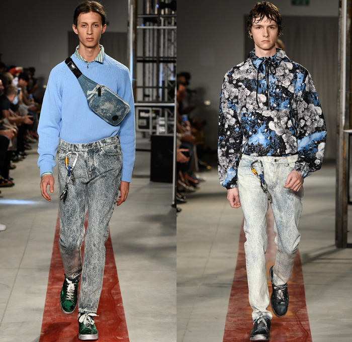 MSGM by Massimo Giorgetti 2017 Spring Summer Mens Runway Catwalk Looks - Milano Moda Uomo Collezione Milan Fashion Week Italy - Stonewashed Denim Jeans Hyper-Colored  Trees Roses Flowers Floral Print Motif Poplin Shirt Outerwear Coat Parka Anorak Bomber Jacket Layers Stripes Trackpants Shorts Socks With Sandals Carabiner Sneakers Fanny Pack Waist Pouch Belt Bag Clouds Lanyard Purse Clutch Hoodie Rainwear Flames Crop Top Knit Check Argyle