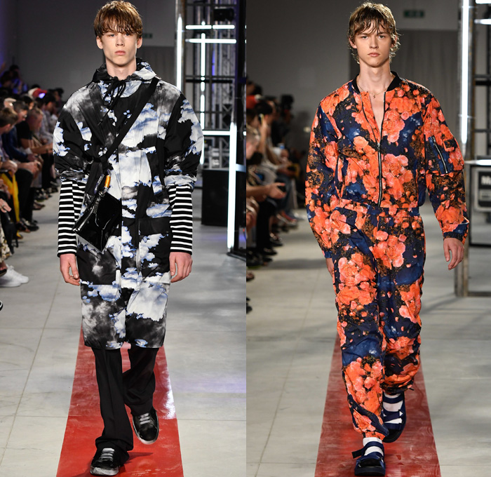 MSGM by Massimo Giorgetti 2017 Spring Summer Mens Runway Catwalk Looks - Milano Moda Uomo Collezione Milan Fashion Week Italy - Stonewashed Denim Jeans Hyper-Colored  Trees Roses Flowers Floral Print Motif Poplin Shirt Outerwear Coat Parka Anorak Bomber Jacket Layers Stripes Trackpants Shorts Socks With Sandals Carabiner Sneakers Fanny Pack Waist Pouch Belt Bag Clouds Lanyard Purse Clutch Hoodie Rainwear Flames Crop Top Knit Check Argyle