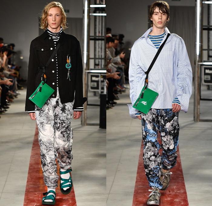 MSGM by Massimo Giorgetti 2017 Spring Summer Mens Runway Catwalk Looks - Milano Moda Uomo Collezione Milan Fashion Week Italy - Stonewashed Denim Jeans Hyper-Colored  Trees Roses Flowers Floral Print Motif Poplin Shirt Outerwear Coat Parka Anorak Bomber Jacket Layers Stripes Trackpants Shorts Socks With Sandals Carabiner Sneakers Fanny Pack Waist Pouch Belt Bag Clouds Lanyard Purse Clutch Hoodie Rainwear Flames Crop Top Knit Check Argyle