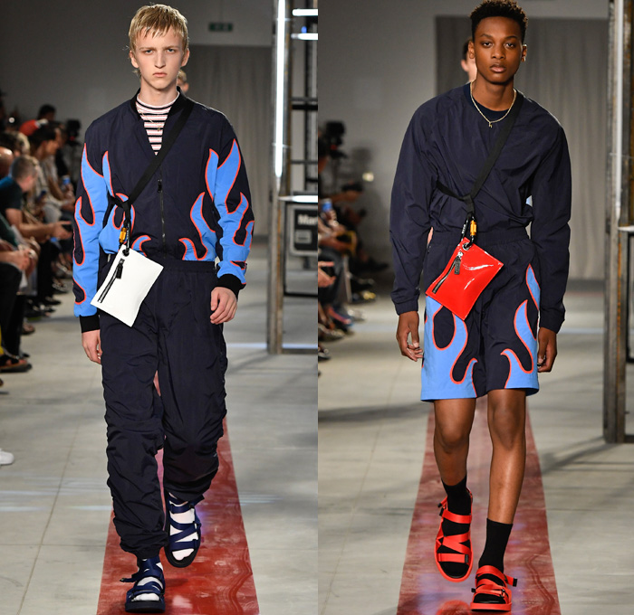 MSGM by Massimo Giorgetti 2017 Spring Summer Mens Runway Catwalk Looks - Milano Moda Uomo Collezione Milan Fashion Week Italy - Stonewashed Denim Jeans Hyper-Colored  Trees Roses Flowers Floral Print Motif Poplin Shirt Outerwear Coat Parka Anorak Bomber Jacket Layers Stripes Trackpants Shorts Socks With Sandals Carabiner Sneakers Fanny Pack Waist Pouch Belt Bag Clouds Lanyard Purse Clutch Hoodie Rainwear Flames Crop Top Knit Check Argyle