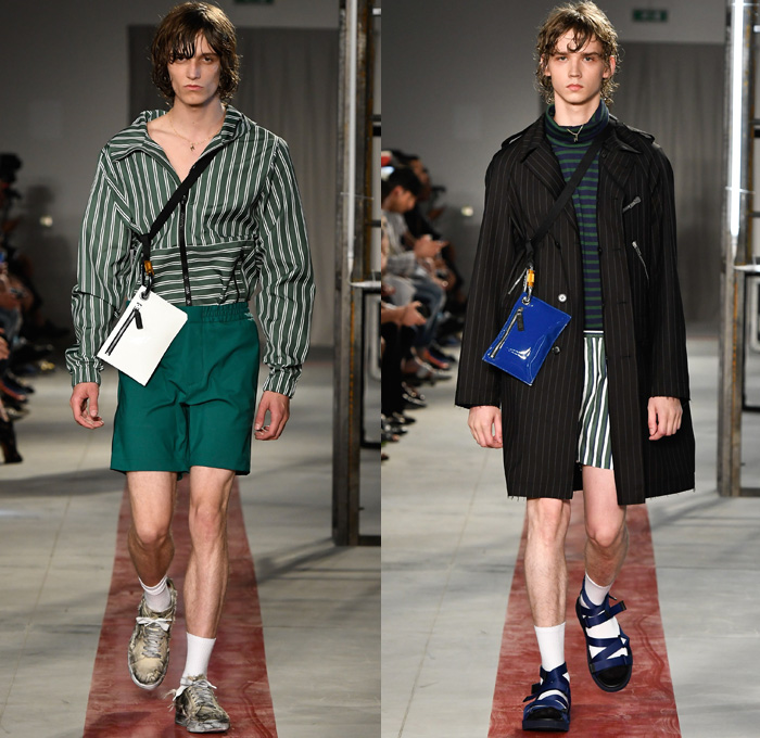 MSGM by Massimo Giorgetti 2017 Spring Summer Mens Runway Catwalk Looks - Milano Moda Uomo Collezione Milan Fashion Week Italy - Stonewashed Denim Jeans Hyper-Colored  Trees Roses Flowers Floral Print Motif Poplin Shirt Outerwear Coat Parka Anorak Bomber Jacket Layers Stripes Trackpants Shorts Socks With Sandals Carabiner Sneakers Fanny Pack Waist Pouch Belt Bag Clouds Lanyard Purse Clutch Hoodie Rainwear Flames Crop Top Knit Check Argyle