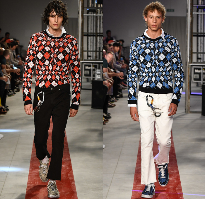 MSGM by Massimo Giorgetti 2017 Spring Summer Mens Runway Catwalk Looks - Milano Moda Uomo Collezione Milan Fashion Week Italy - Stonewashed Denim Jeans Hyper-Colored  Trees Roses Flowers Floral Print Motif Poplin Shirt Outerwear Coat Parka Anorak Bomber Jacket Layers Stripes Trackpants Shorts Socks With Sandals Carabiner Sneakers Fanny Pack Waist Pouch Belt Bag Clouds Lanyard Purse Clutch Hoodie Rainwear Flames Crop Top Knit Check Argyle