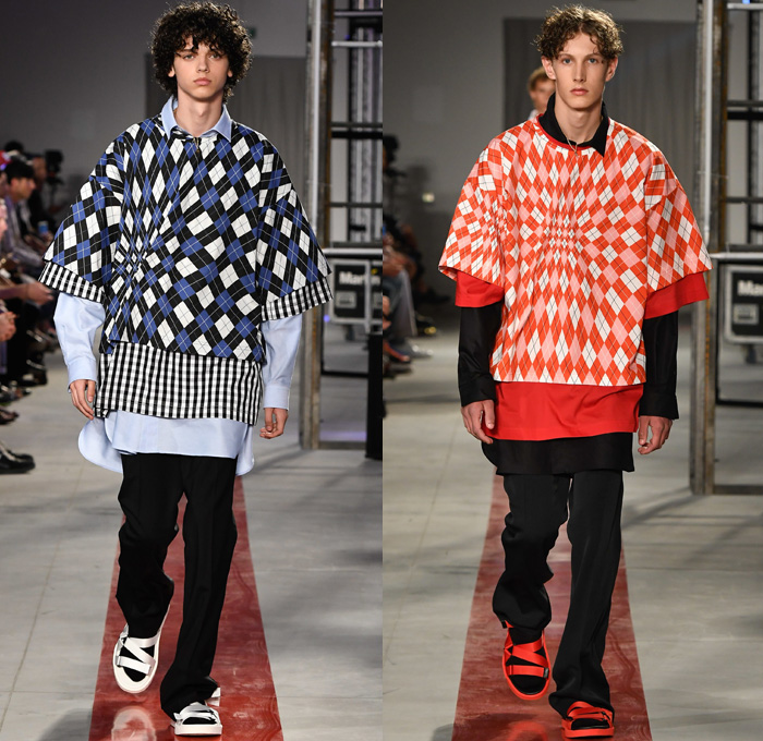 MSGM by Massimo Giorgetti 2017 Spring Summer Mens Runway Catwalk Looks - Milano Moda Uomo Collezione Milan Fashion Week Italy - Stonewashed Denim Jeans Hyper-Colored  Trees Roses Flowers Floral Print Motif Poplin Shirt Outerwear Coat Parka Anorak Bomber Jacket Layers Stripes Trackpants Shorts Socks With Sandals Carabiner Sneakers Fanny Pack Waist Pouch Belt Bag Clouds Lanyard Purse Clutch Hoodie Rainwear Flames Crop Top Knit Check Argyle