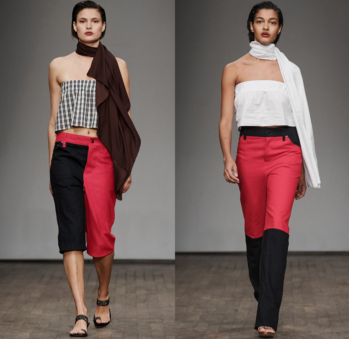 NHORM 2017 Spring Summer Womens Runway Catwalk Looks - Fashion Week Stockholm Sweden - Colorblock Jeans Denim Vestdress Scarf Shawl Strapless Crop Top Midriff Culottes Gauchos Shorts Miniskirt Skirt Frock Asymmetrical Hem One Off Shoulder Boxy Blazer Jacket Outerwear Oversized Coatdress Shirtdress Popover Tunicdress Argyle Check Elongated Sleeves Poncho Sleepwear Pajamas Lounge Wide Leg Trousers Palazzo Pants