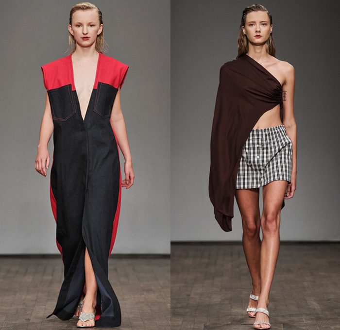 NHORM 2017 Spring Summer Womens Runway Catwalk Looks - Fashion Week Stockholm Sweden - Colorblock Jeans Denim Vestdress Scarf Shawl Strapless Crop Top Midriff Culottes Gauchos Shorts Miniskirt Skirt Frock Asymmetrical Hem One Off Shoulder Boxy Blazer Jacket Outerwear Oversized Coatdress Shirtdress Popover Tunicdress Argyle Check Elongated Sleeves Poncho Sleepwear Pajamas Lounge Wide Leg Trousers Palazzo Pants