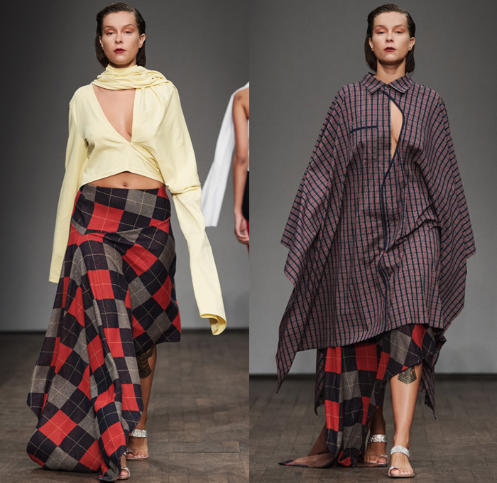 NHORM 2017 Spring Summer Womens Runway Catwalk Looks - Fashion Week Stockholm Sweden - Colorblock Jeans Denim Vestdress Scarf Shawl Strapless Crop Top Midriff Culottes Gauchos Shorts Miniskirt Skirt Frock Asymmetrical Hem One Off Shoulder Boxy Blazer Jacket Outerwear Oversized Coatdress Shirtdress Popover Tunicdress Argyle Check Elongated Sleeves Poncho Sleepwear Pajamas Lounge Wide Leg Trousers Palazzo Pants