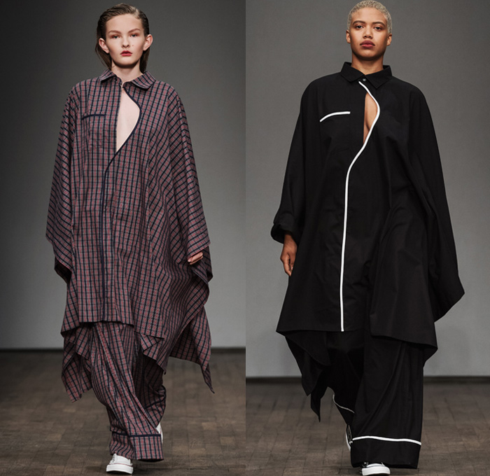 NHORM 2017 Spring Summer Womens Runway Catwalk Looks - Fashion Week Stockholm Sweden - Colorblock Jeans Denim Vestdress Scarf Shawl Strapless Crop Top Midriff Culottes Gauchos Shorts Miniskirt Skirt Frock Asymmetrical Hem One Off Shoulder Boxy Blazer Jacket Outerwear Oversized Coatdress Shirtdress Popover Tunicdress Argyle Check Elongated Sleeves Poncho Sleepwear Pajamas Lounge Wide Leg Trousers Palazzo Pants