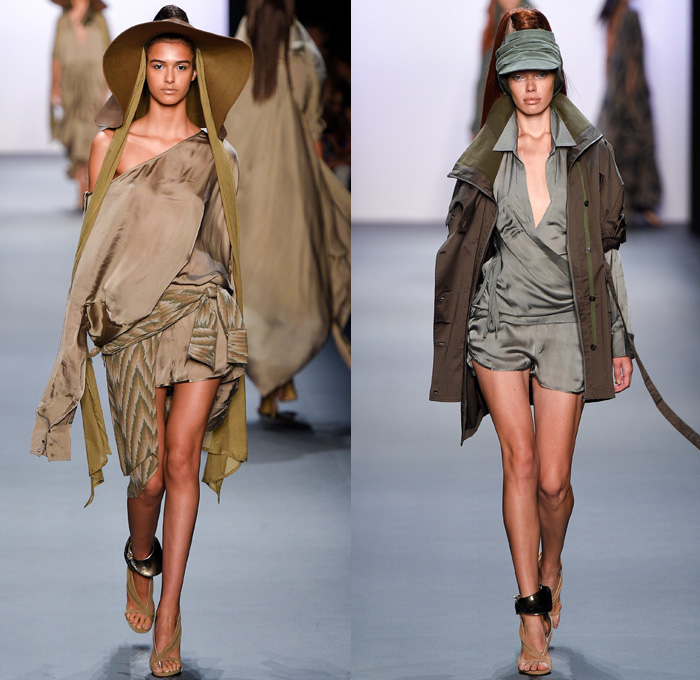 Nicholas K 2017 Spring Summer Womens Runway Catwalk Looks - New York Fashion Week - Theeb Wadi Rum Collection Jordan Linen Drapery Floppy Hat Neck Flap Visor Scarf Desert Dweller Sand Zigzag Outerwear Coat One Shoulder Tie Up Waist Knot Ribbon Kimono Wrap Blouse Fanny Pack Waist Pouch Belt Bag Silk Tapered Pants Trousers Crop Top Midriff Suede Stripes Shirtdress Maxi Dress Plaid Metallic Silver Neck Ornament Bangles Bracelet