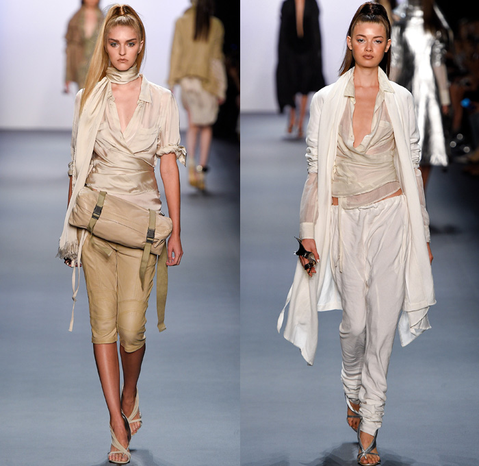 Nicholas K 2017 Spring Summer Womens Runway Catwalk Looks - New York Fashion Week - Theeb Wadi Rum Collection Jordan Linen Drapery Floppy Hat Neck Flap Visor Scarf Desert Dweller Sand Zigzag Outerwear Coat One Shoulder Tie Up Waist Knot Ribbon Kimono Wrap Blouse Fanny Pack Waist Pouch Belt Bag Silk Tapered Pants Trousers Crop Top Midriff Suede Stripes Shirtdress Maxi Dress Plaid Metallic Silver Neck Ornament Bangles Bracelet