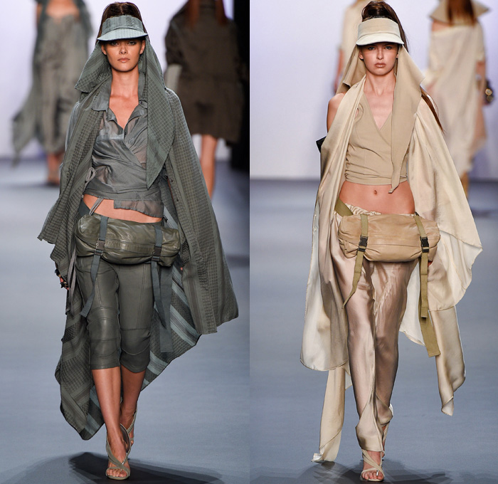 Nicholas K 2017 Spring Summer Womens Runway Catwalk Looks - New York Fashion Week - Theeb Wadi Rum Collection Jordan Linen Drapery Floppy Hat Neck Flap Visor Scarf Desert Dweller Sand Zigzag Outerwear Coat One Shoulder Tie Up Waist Knot Ribbon Kimono Wrap Blouse Fanny Pack Waist Pouch Belt Bag Silk Tapered Pants Trousers Crop Top Midriff Suede Stripes Shirtdress Maxi Dress Plaid Metallic Silver Neck Ornament Bangles Bracelet