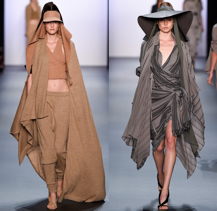 Nicholas K 2017 Spring Summer Womens Runway Catwalk Looks - New York Fashion Week - Theeb Wadi Rum Collection Jordan Linen Drapery Floppy Hat Neck Flap Visor Scarf Desert Dweller Sand Zigzag Outerwear Coat One Shoulder Tie Up Waist Knot Ribbon Kimono Wrap Blouse Fanny Pack Waist Pouch Belt Bag Silk Tapered Pants Trousers Crop Top Midriff Suede Stripes Shirtdress Maxi Dress Plaid Metallic Silver Neck Ornament Bangles Bracelet