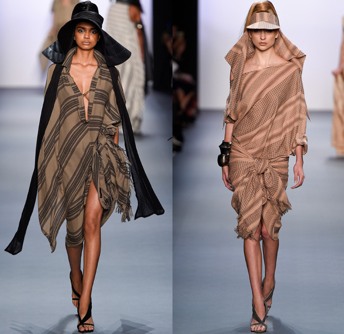 Nicholas K 2017 Spring Summer Womens Runway Catwalk Looks - New York Fashion Week - Theeb Wadi Rum Collection Jordan Linen Drapery Floppy Hat Neck Flap Visor Scarf Desert Dweller Sand Zigzag Outerwear Coat One Shoulder Tie Up Waist Knot Ribbon Kimono Wrap Blouse Fanny Pack Waist Pouch Belt Bag Silk Tapered Pants Trousers Crop Top Midriff Suede Stripes Shirtdress Maxi Dress Plaid Metallic Silver Neck Ornament Bangles Bracelet