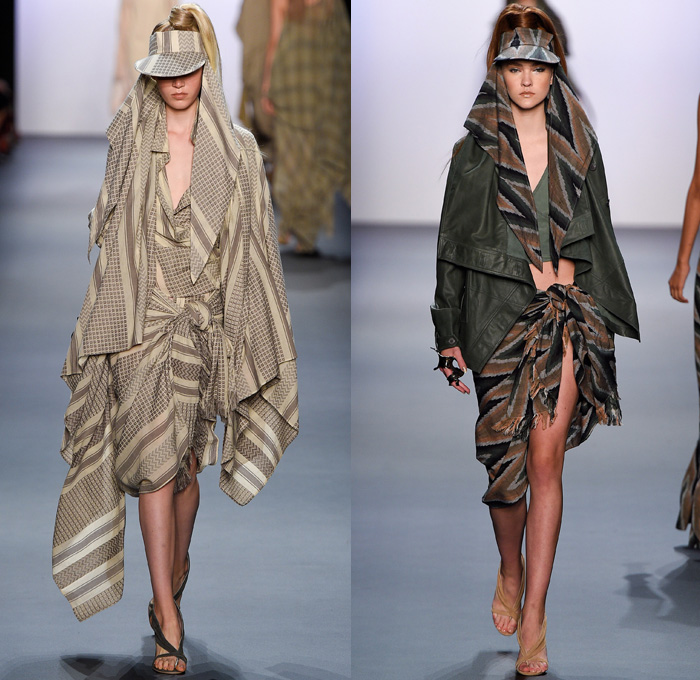 Nicholas K 2017 Spring Summer Womens Runway Catwalk Looks - New York Fashion Week - Theeb Wadi Rum Collection Jordan Linen Drapery Floppy Hat Neck Flap Visor Scarf Desert Dweller Sand Zigzag Outerwear Coat One Shoulder Tie Up Waist Knot Ribbon Kimono Wrap Blouse Fanny Pack Waist Pouch Belt Bag Silk Tapered Pants Trousers Crop Top Midriff Suede Stripes Shirtdress Maxi Dress Plaid Metallic Silver Neck Ornament Bangles Bracelet