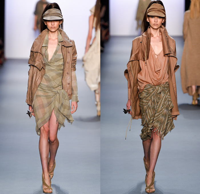 Nicholas K 2017 Spring Summer Womens Runway Catwalk Looks - New York Fashion Week - Theeb Wadi Rum Collection Jordan Linen Drapery Floppy Hat Neck Flap Visor Scarf Desert Dweller Sand Zigzag Outerwear Coat One Shoulder Tie Up Waist Knot Ribbon Kimono Wrap Blouse Fanny Pack Waist Pouch Belt Bag Silk Tapered Pants Trousers Crop Top Midriff Suede Stripes Shirtdress Maxi Dress Plaid Metallic Silver Neck Ornament Bangles Bracelet