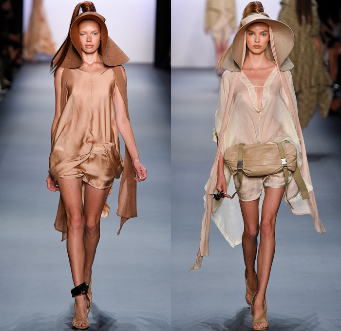 Nicholas K 2017 Spring Summer Womens Runway Catwalk Looks - New York Fashion Week - Theeb Wadi Rum Collection Jordan Linen Drapery Floppy Hat Neck Flap Visor Scarf Desert Dweller Sand Zigzag Outerwear Coat One Shoulder Tie Up Waist Knot Ribbon Kimono Wrap Blouse Fanny Pack Waist Pouch Belt Bag Silk Tapered Pants Trousers Crop Top Midriff Suede Stripes Shirtdress Maxi Dress Plaid Metallic Silver Neck Ornament Bangles Bracelet