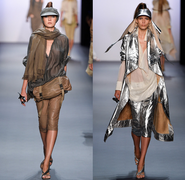 Nicholas K 2017 Spring Summer Womens Runway Catwalk Looks - New York Fashion Week - Theeb Wadi Rum Collection Jordan Linen Drapery Floppy Hat Neck Flap Visor Scarf Desert Dweller Sand Zigzag Outerwear Coat One Shoulder Tie Up Waist Knot Ribbon Kimono Wrap Blouse Fanny Pack Waist Pouch Belt Bag Silk Tapered Pants Trousers Crop Top Midriff Suede Stripes Shirtdress Maxi Dress Plaid Metallic Silver Neck Ornament Bangles Bracelet