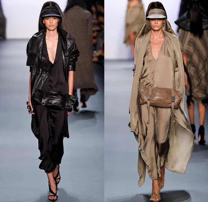 Nicholas K 2017 Spring Summer Womens Runway Catwalk Looks - New York Fashion Week - Theeb Wadi Rum Collection Jordan Linen Drapery Floppy Hat Neck Flap Visor Scarf Desert Dweller Sand Zigzag Outerwear Coat One Shoulder Tie Up Waist Knot Ribbon Kimono Wrap Blouse Fanny Pack Waist Pouch Belt Bag Silk Tapered Pants Trousers Crop Top Midriff Suede Stripes Shirtdress Maxi Dress Plaid Metallic Silver Neck Ornament Bangles Bracelet