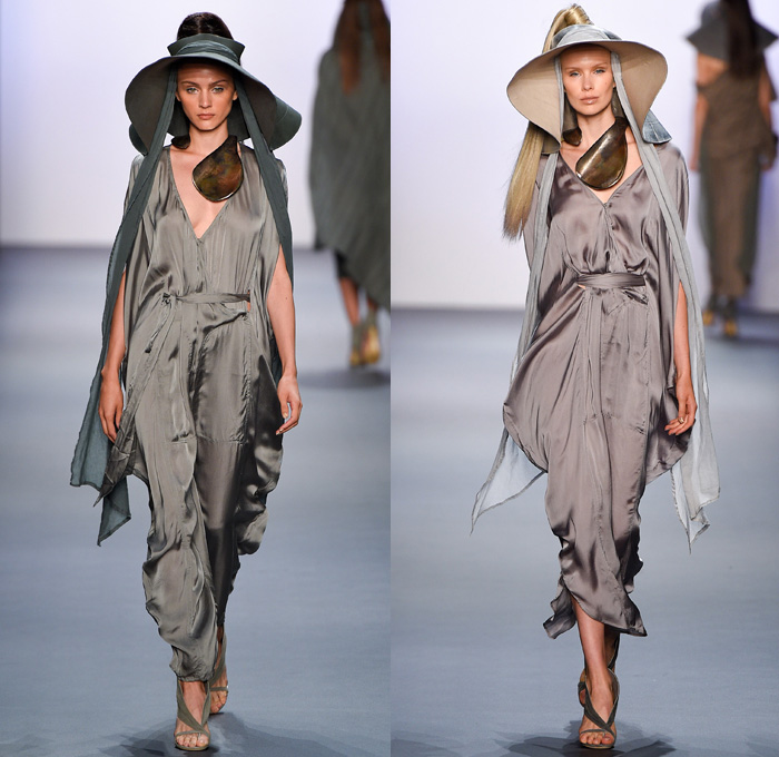 Nicholas K 2017 Spring Summer Womens Runway Catwalk Looks - New York Fashion Week - Theeb Wadi Rum Collection Jordan Linen Drapery Floppy Hat Neck Flap Visor Scarf Desert Dweller Sand Zigzag Outerwear Coat One Shoulder Tie Up Waist Knot Ribbon Kimono Wrap Blouse Fanny Pack Waist Pouch Belt Bag Silk Tapered Pants Trousers Crop Top Midriff Suede Stripes Shirtdress Maxi Dress Plaid Metallic Silver Neck Ornament Bangles Bracelet