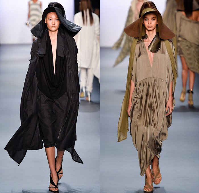 Nicholas K 2017 Spring Summer Womens Runway Catwalk Looks - New York Fashion Week - Theeb Wadi Rum Collection Jordan Linen Drapery Floppy Hat Neck Flap Visor Scarf Desert Dweller Sand Zigzag Outerwear Coat One Shoulder Tie Up Waist Knot Ribbon Kimono Wrap Blouse Fanny Pack Waist Pouch Belt Bag Silk Tapered Pants Trousers Crop Top Midriff Suede Stripes Shirtdress Maxi Dress Plaid Metallic Silver Neck Ornament Bangles Bracelet